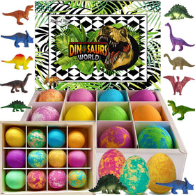 Mineral Me California front packaging showing 12 colorful dino egg bath bombs and gift-ready box