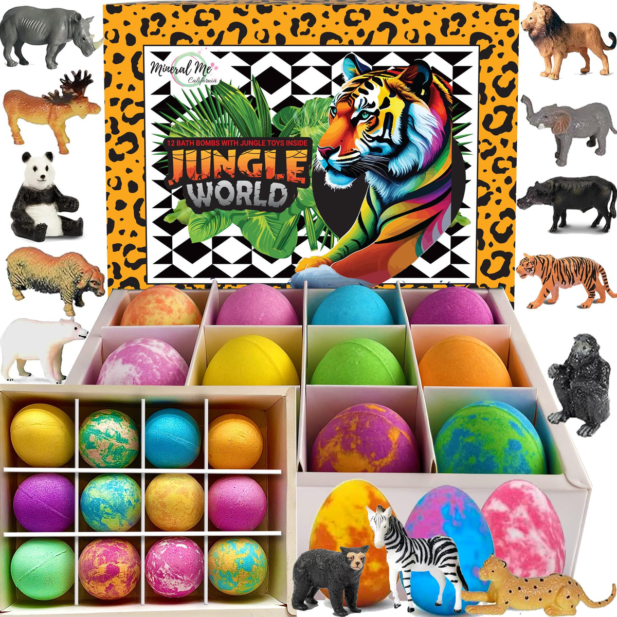 Mineral Me California front packaging showing 12 colorful bath bombs and gift-ready box benefit: easy gift presentation
