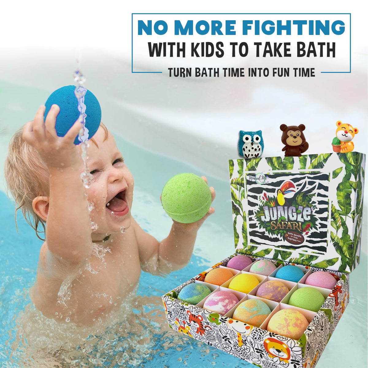 Mineral Me California bath bomb held in hand to show true-to-scale size for parents