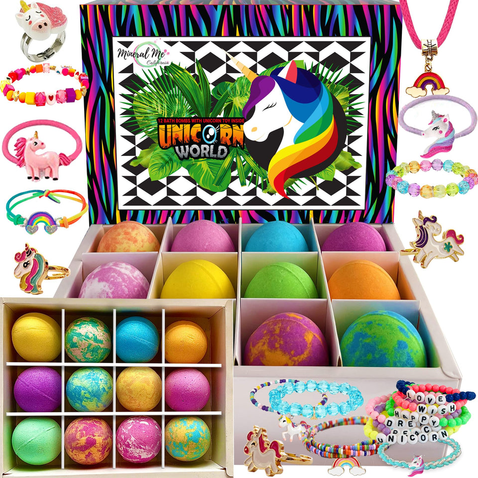 Mineral Me California front packaging showing colorful unicorn bath bombs and branding benefit: gift-ready