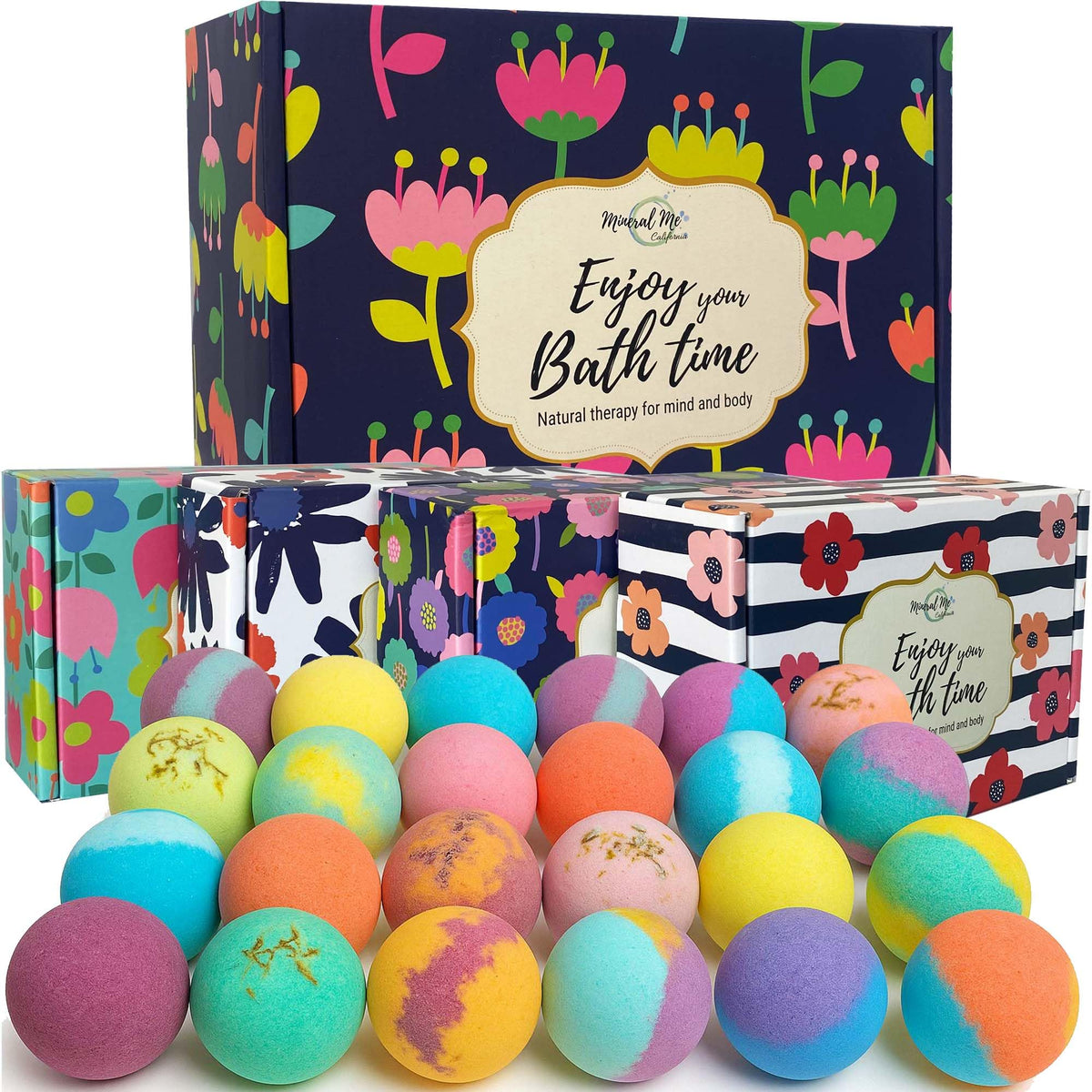 Mineral Me California front packaging showing 24 bath bombs and gift-ready design