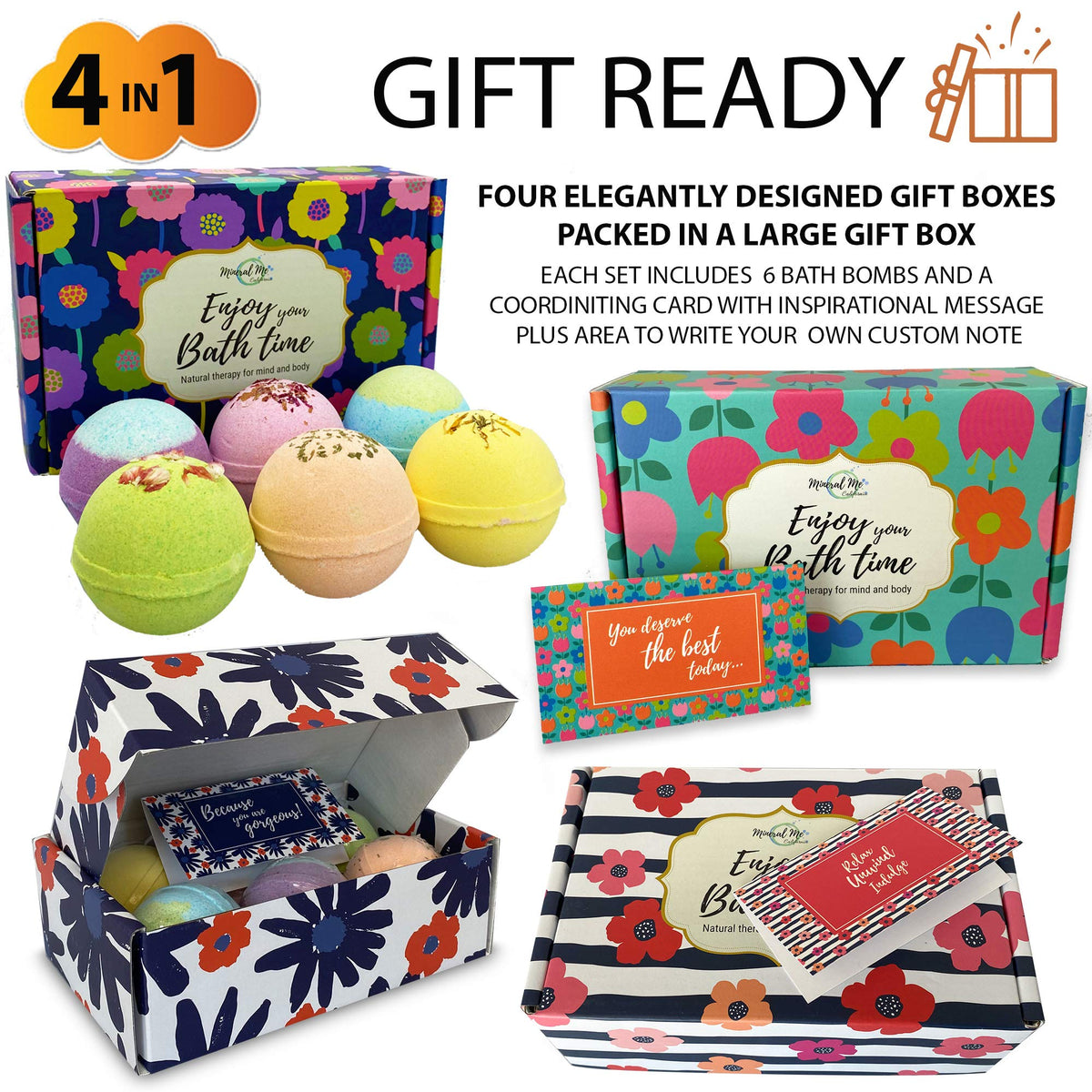 Mineral Me California open gift box with 24 colorful bath bombs for easy gifting