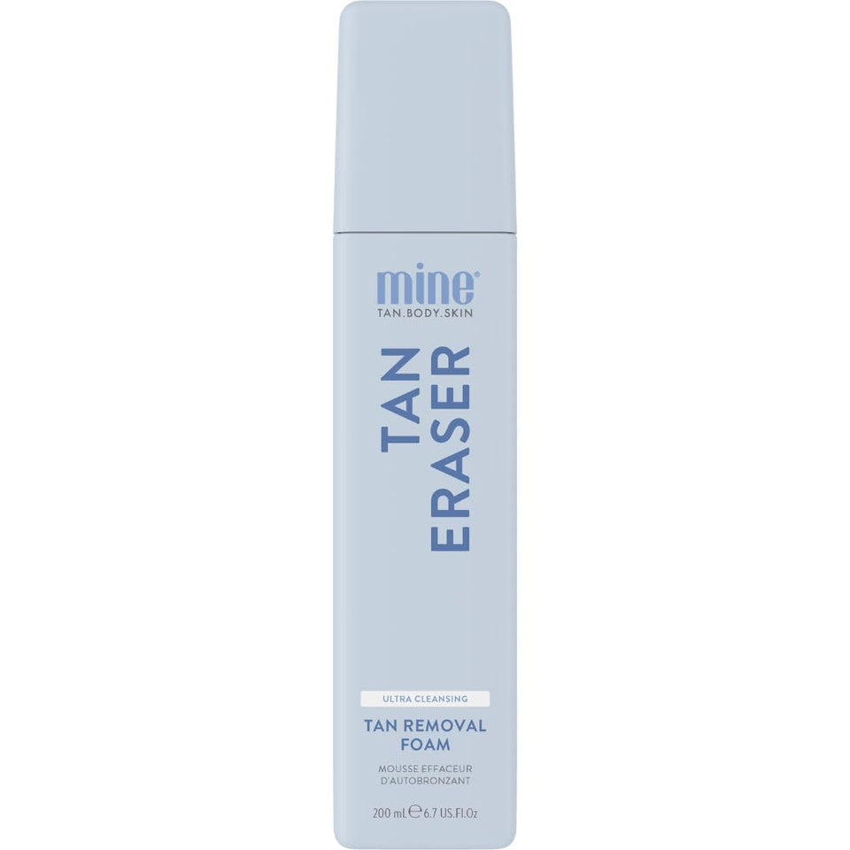 Minetan BODY.SKIN front packaging showing tan eraser foam benefits