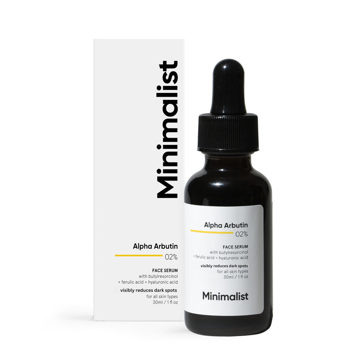 Minimalist front packaging of 2% Alpha Arbutin serum showing product clarity and benefits