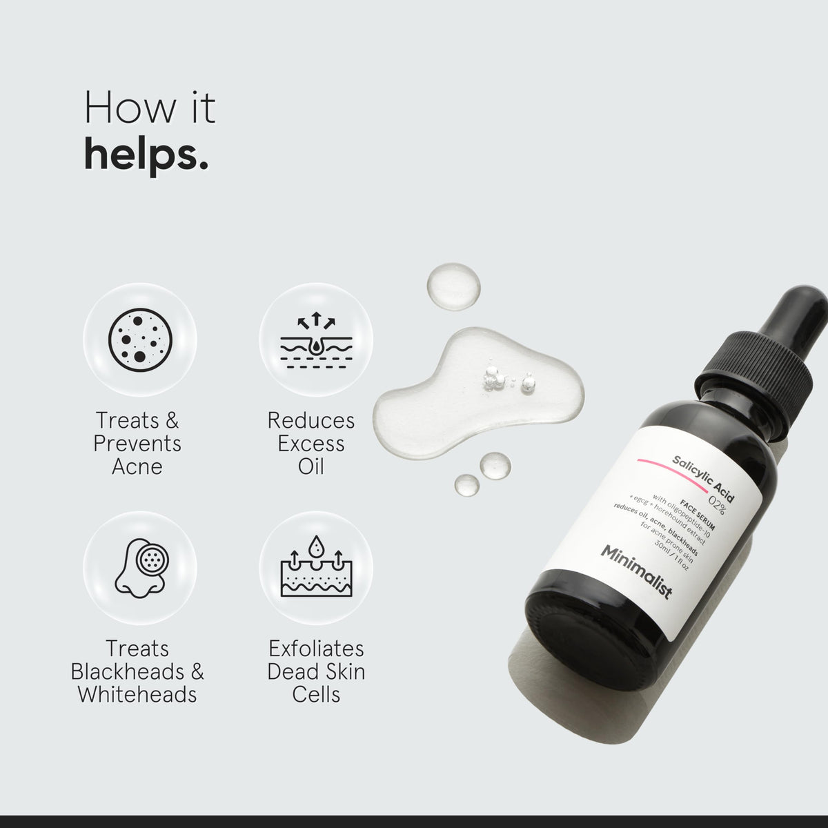 Minimalist bottle label close-up showing ingredient list and pharmaceutical-grade salicylic acid benefit
