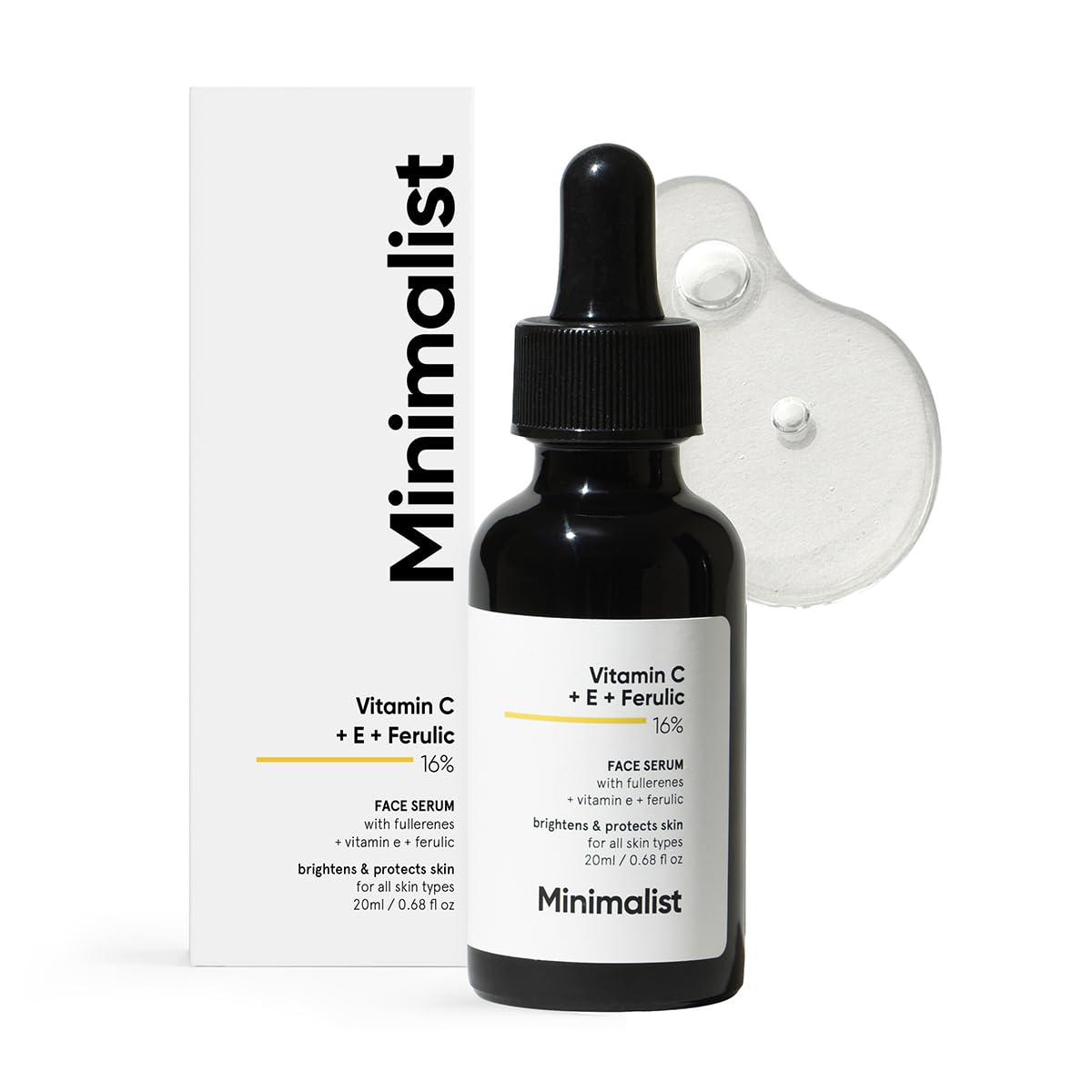 Minimalist front bottle view showing clean vitamin C serum packaging and clarity