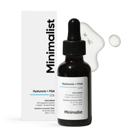 Minimalist hyaluronic acid serum front bottle showing clean packaging and brand trust