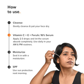 Minimalist ingredient callout with ferulic acid and vitamin E emphasizing antioxidant boost