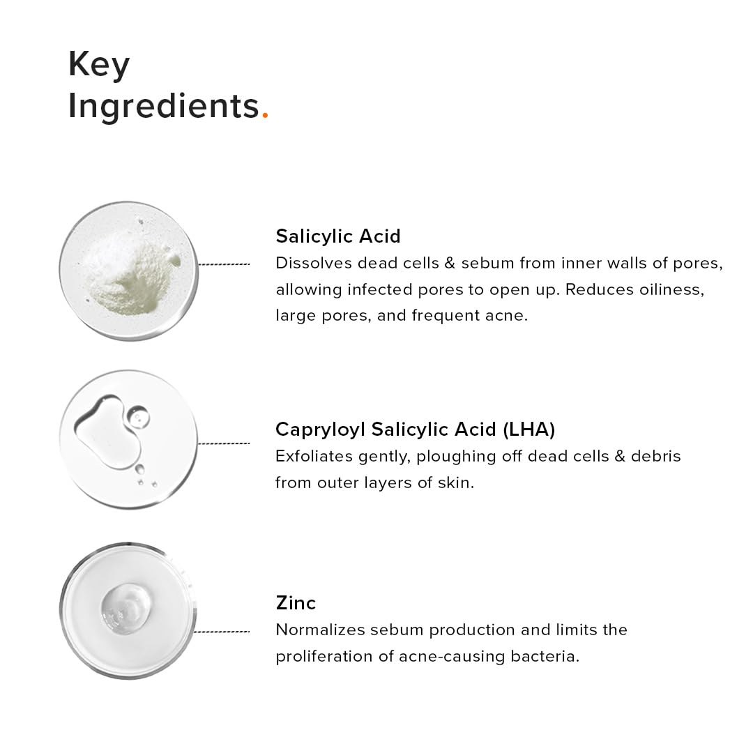 Minimalist ingredient label close-up showing salicylic acid and LHA for targeted pores benefit