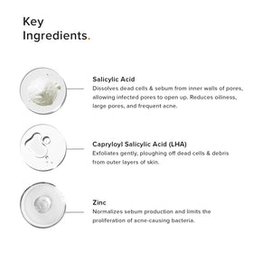 Minimalist ingredient label close-up showing salicylic acid and LHA for targeted pores benefit