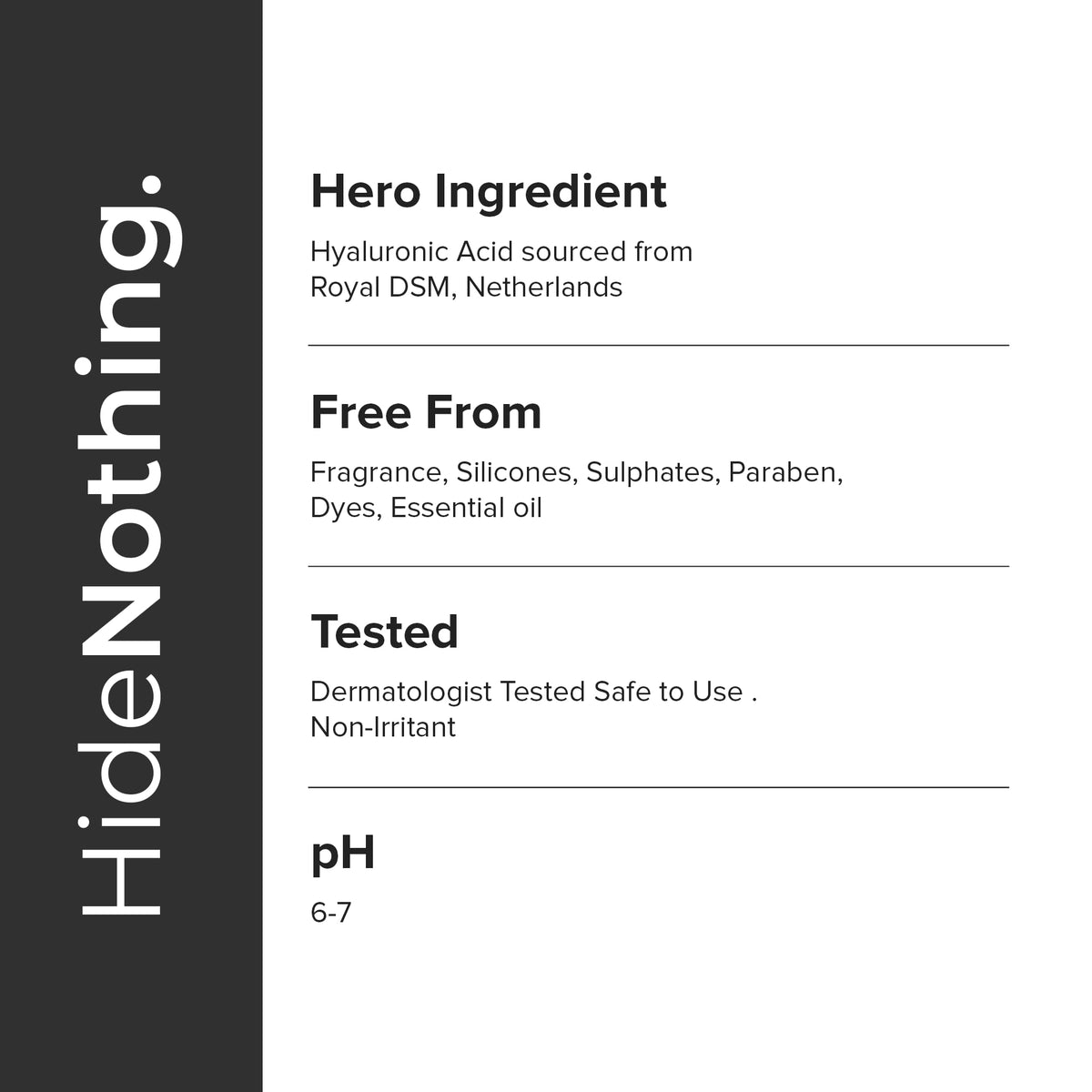 Minimalist ingredient label featuring Royal DSM hyaluronic acid and clean formulation