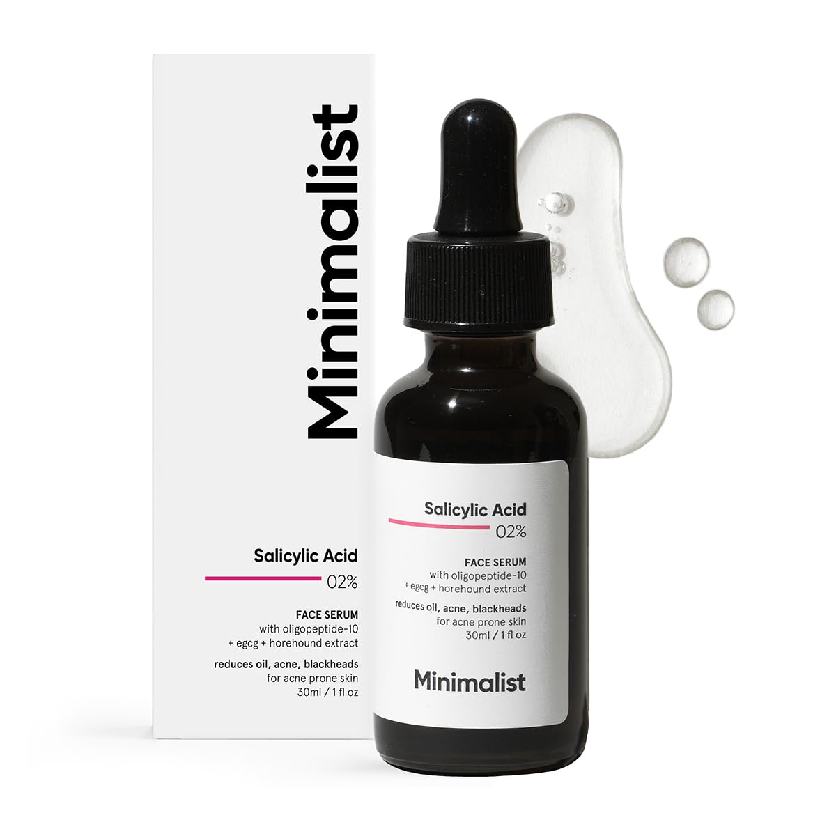 Minimalist front packaging showing salicylic acid serum and clear branding benefit: clarity