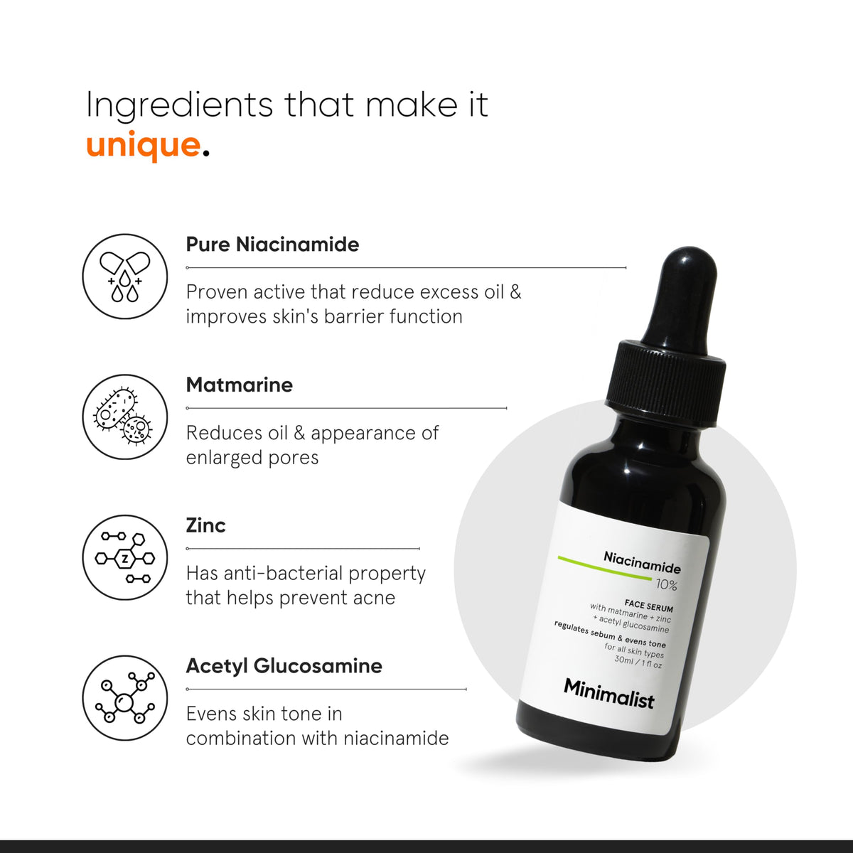 Minimalist 30 ml bottle next to common objects showing size and travel-friendly benefit
