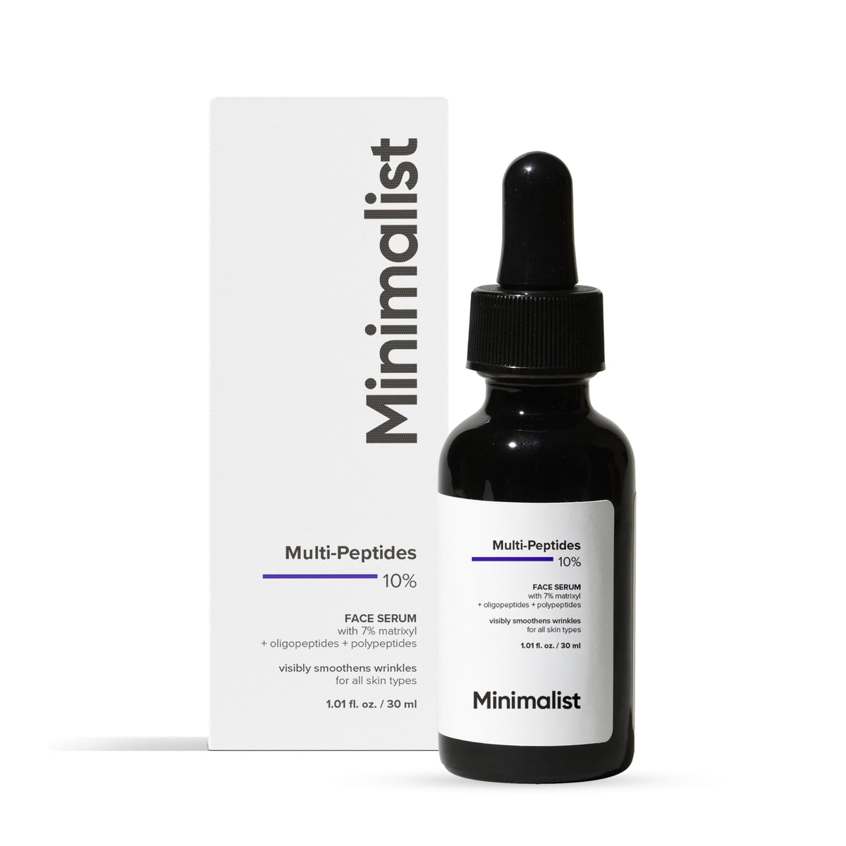 Minimalist front packaging showing bottle and label with clear benefits