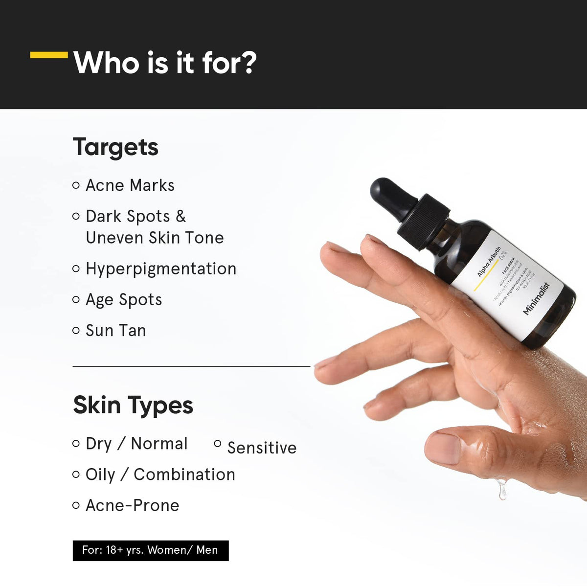 Minimalist pipette releasing serum drop to show lightweight texture and fast absorption
