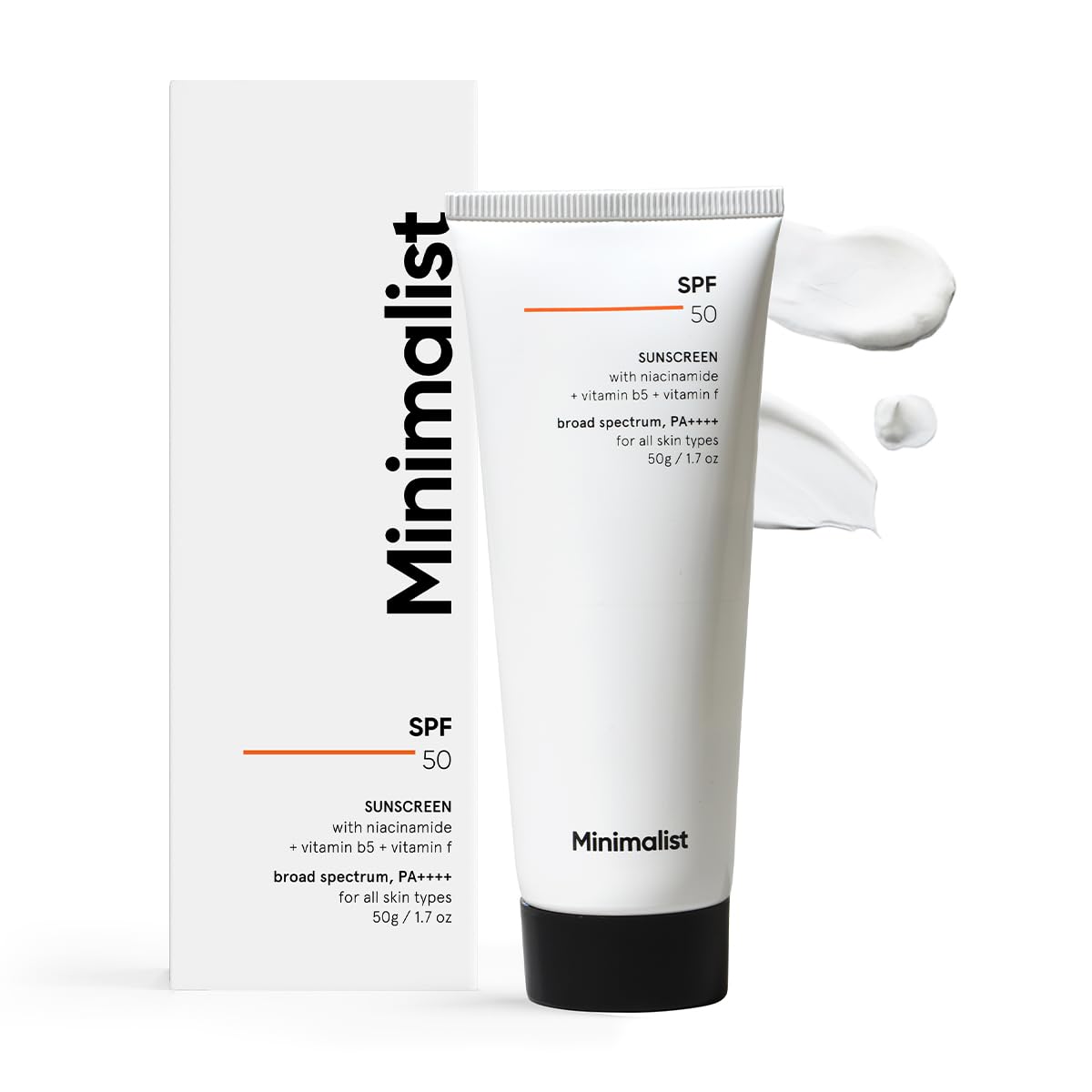 Minimalist sunscreen front packaging showing SPF 50 and travel-friendly tube