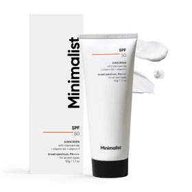 Minimalist sunscreen front packaging showing SPF 50 and travel-friendly tube