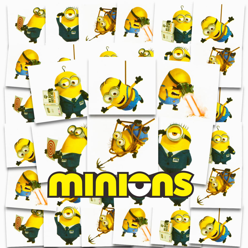 Minions front packaging showing Stuart Kevin Bob and 72 tattoos, great for parties