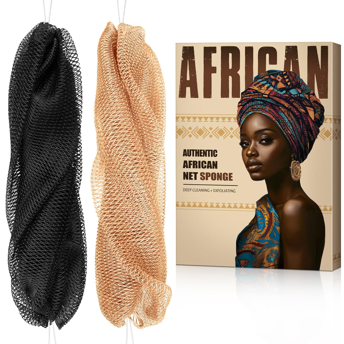MINISENTIALS front packaging showing two colorful African net sponges and product branding
