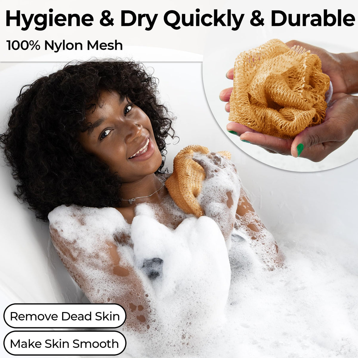 MINISENTIALS sponge in use reaching across back to improve hard-to-reach cleansing