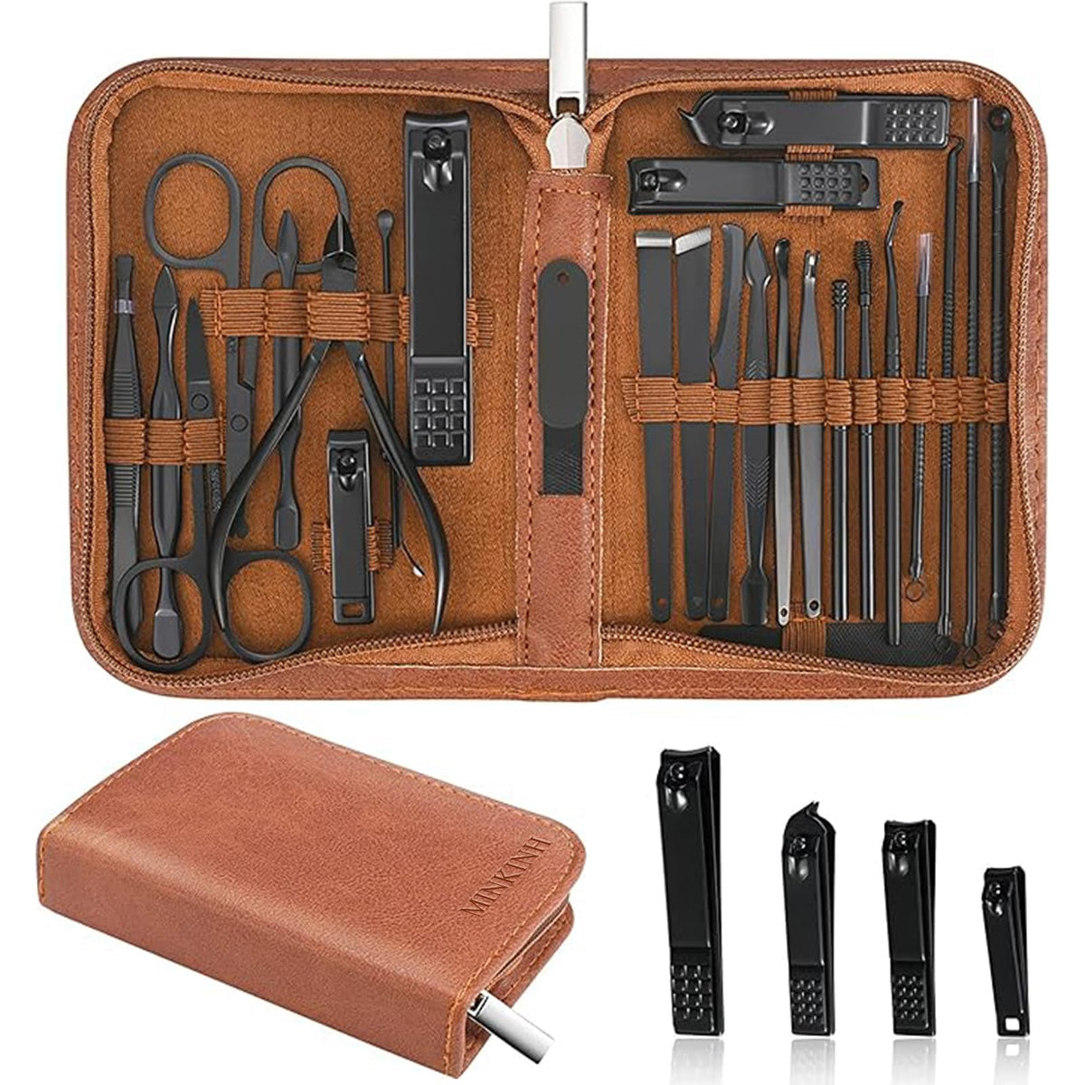 MINKINH front view of brown travel case showing organized storage benefit