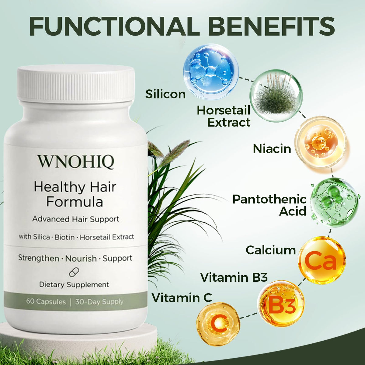 Minnah ingredient label focused shot highlighting silica, biotin and vitamin blend