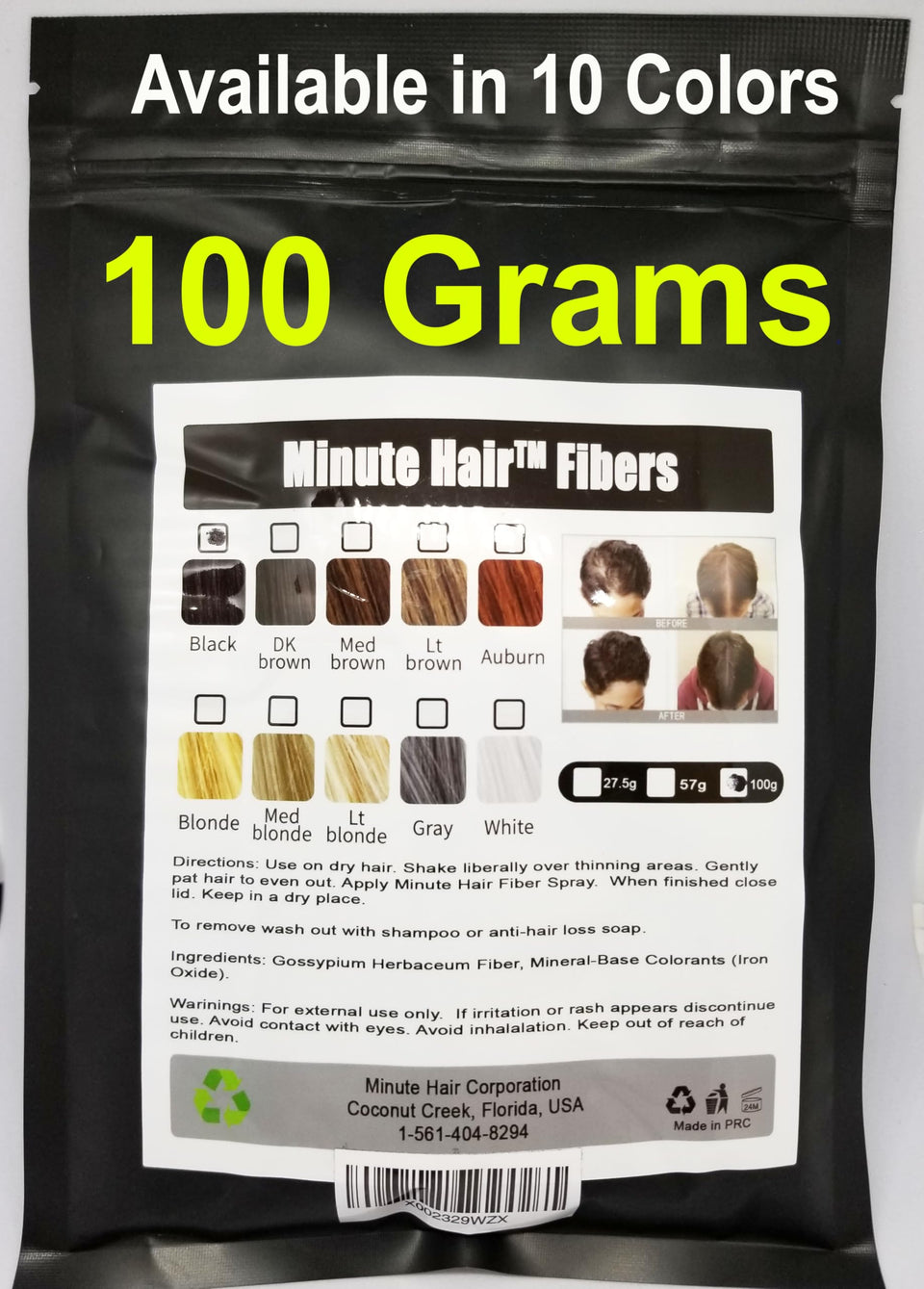 Minute Hair front bottle view showing black fiber refill and label benefit