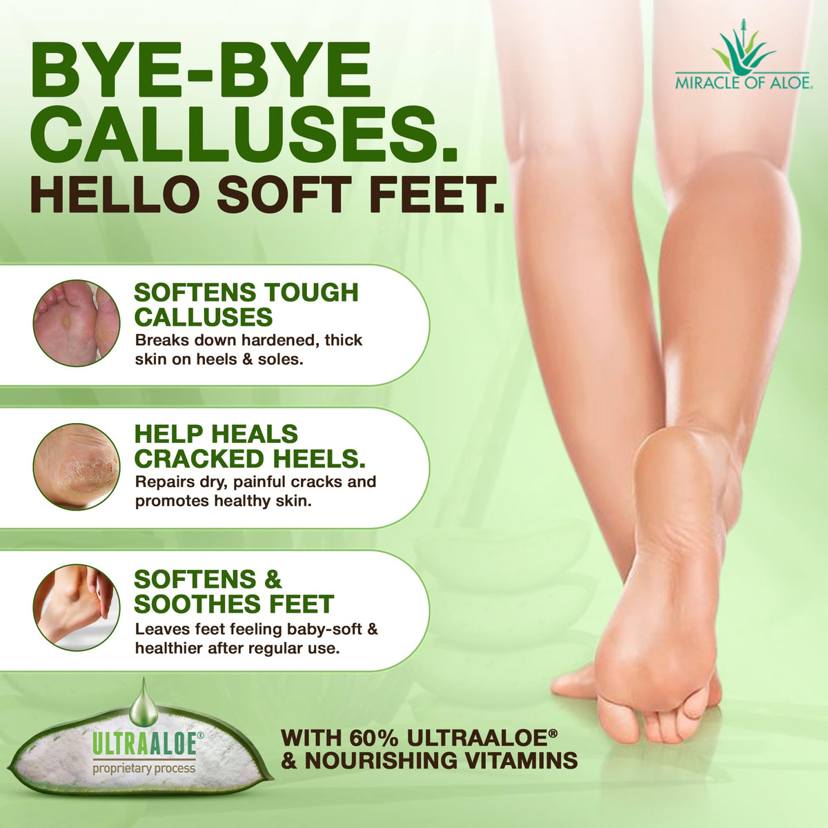 Miracle of Aloe open jar top view reveals thick cream ready for intensive foot care benefit