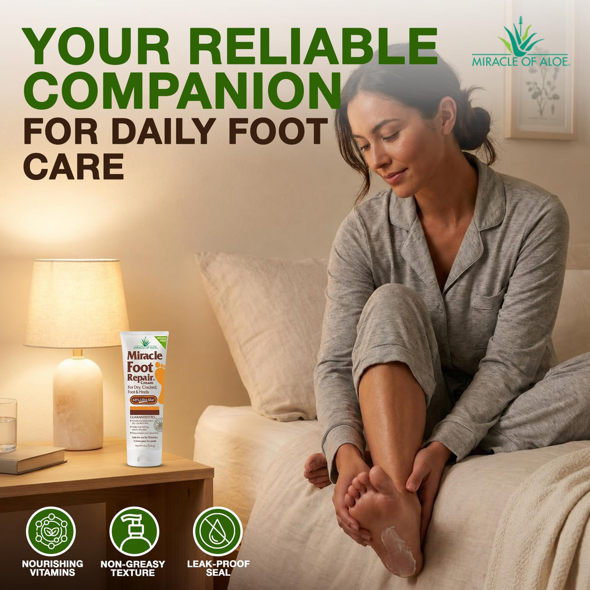 Miracle of Aloe foot cream in use with scoop illustrating easy application