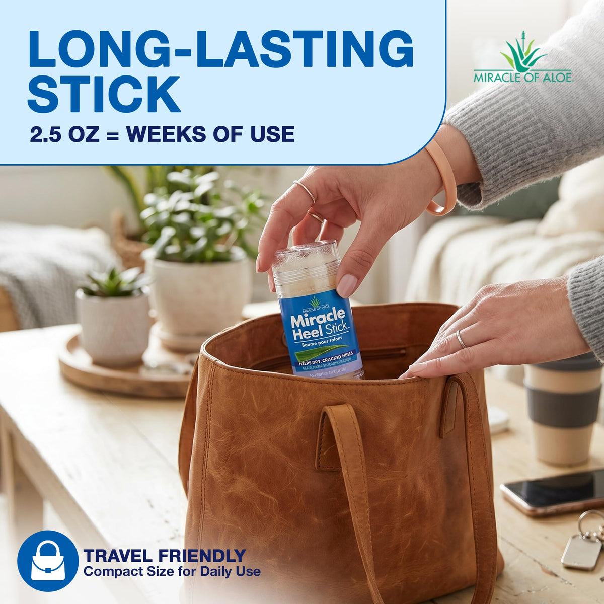 Miracle of Aloe stick next to coin size comparison illustrating travel-friendly 2.5 oz