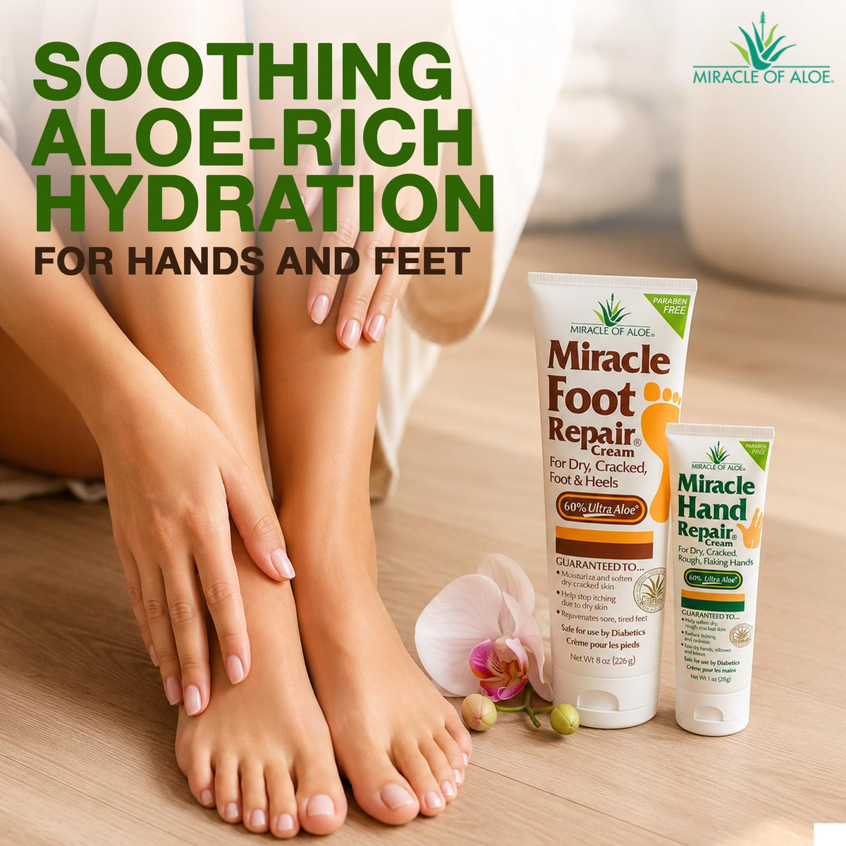 Miracle of Aloe creams beside socks for scale and nighttime repair suggestion