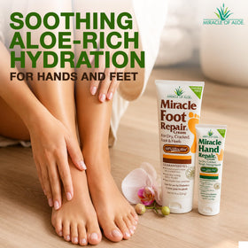 Miracle of Aloe creams beside socks for scale and nighttime repair suggestion