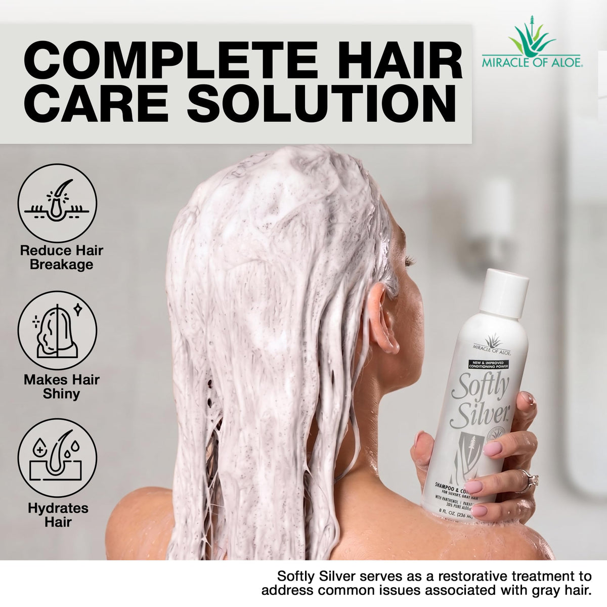Miracle of Aloe before and after silver hair showing reduced brass and shine