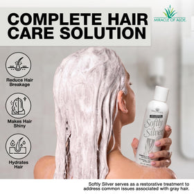 Miracle of Aloe before and after silver hair showing reduced brass and shine