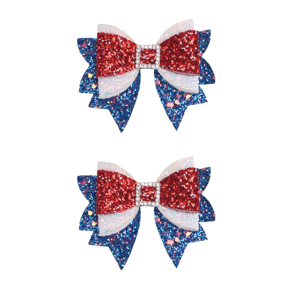 Miroksh front view of two patriotic bow clips showing colors and shape for festive styling