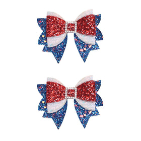 Miroksh front view of two patriotic bow clips showing colors and shape for festive styling