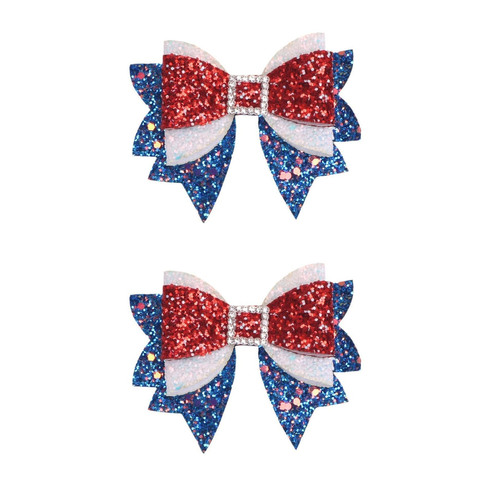 Miroksh front view of two patriotic bow clips showing colors and shape for festive styling