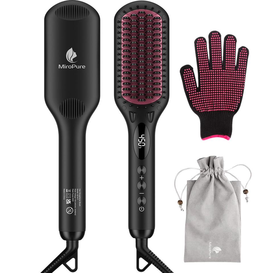 MiroPure straightener brush front view showing sleek black design and bristles for faster styling