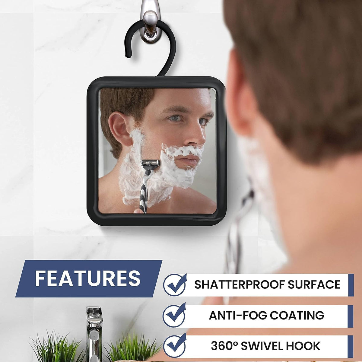 MIRRORVANA close-up of 360° rotatable hook demonstrating secure adjustable hanging
