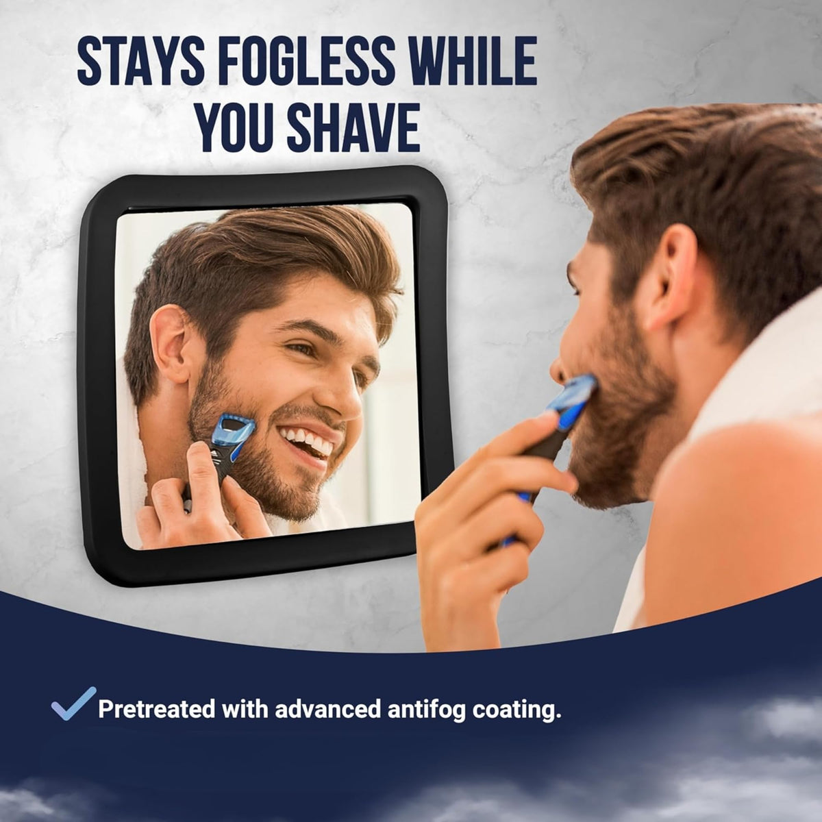 MIRRORVANA close-up of anti-fog coating showing clear reflection for shaving