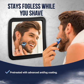 MIRRORVANA close-up of anti-fog coating showing clear reflection for shaving