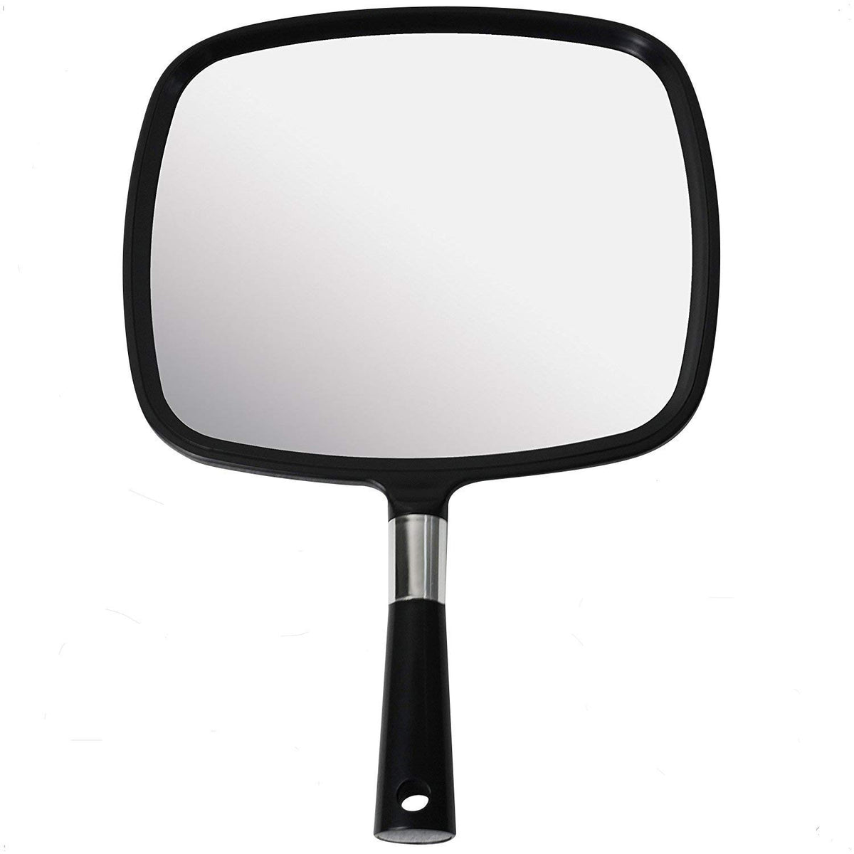 MIRRORVANA front view of large hand mirror showing wide reflective surface and clarity