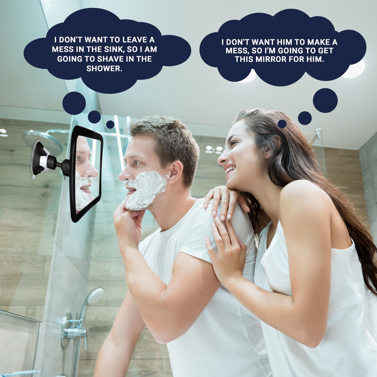 MIRRORVANA beside a razor and towel to show compact travel-friendly size
