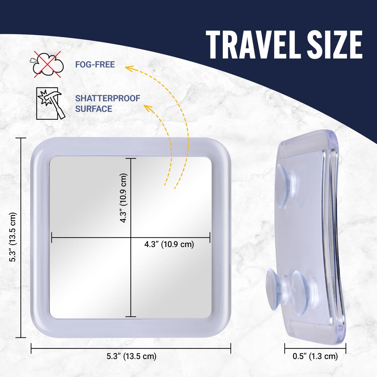 MIRRORVANA in travel pouch on bathroom counter portraying portability and protection