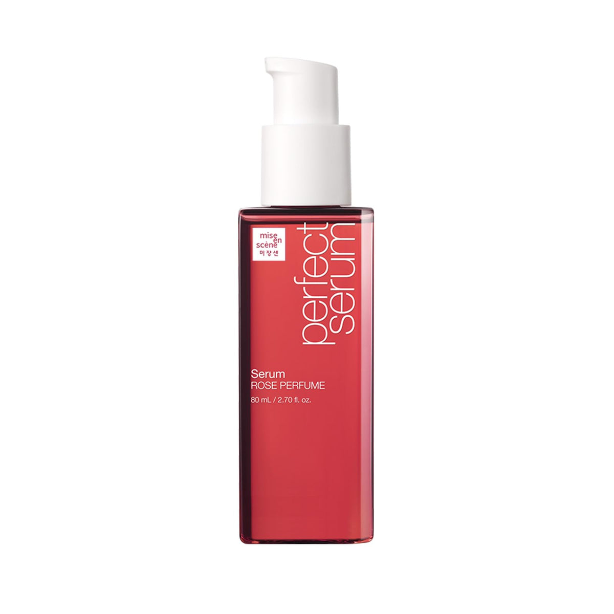 Mise En Scene front packaging showing rose serum and elegant bottle design benefits fragrance