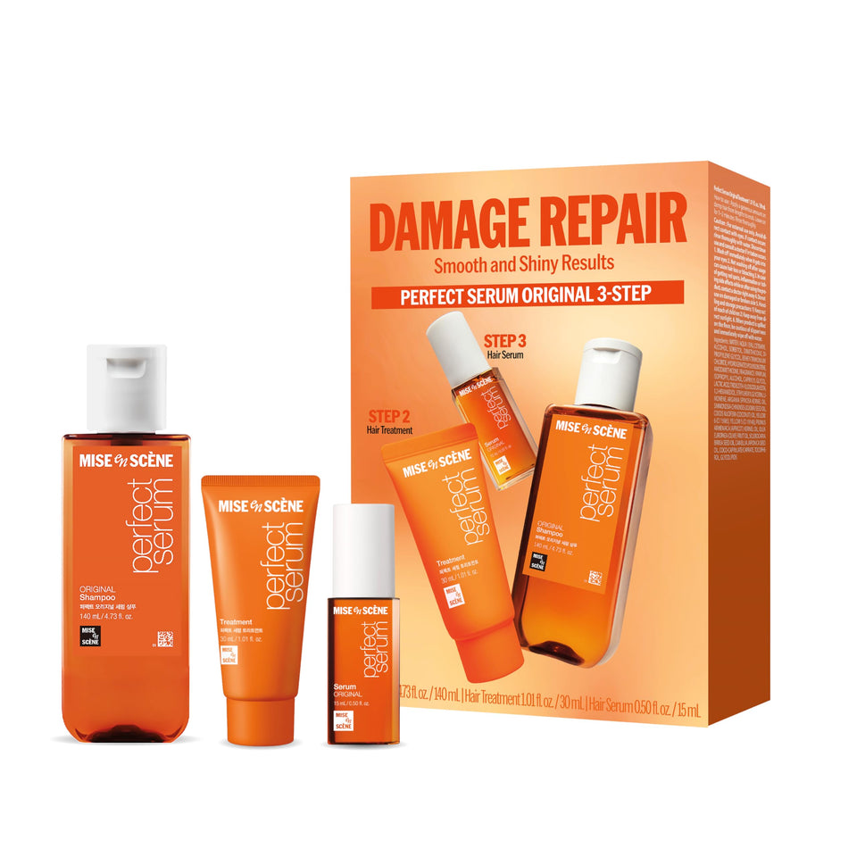 Mise En Scene front packaging showing three travel-size hair products for portability and care