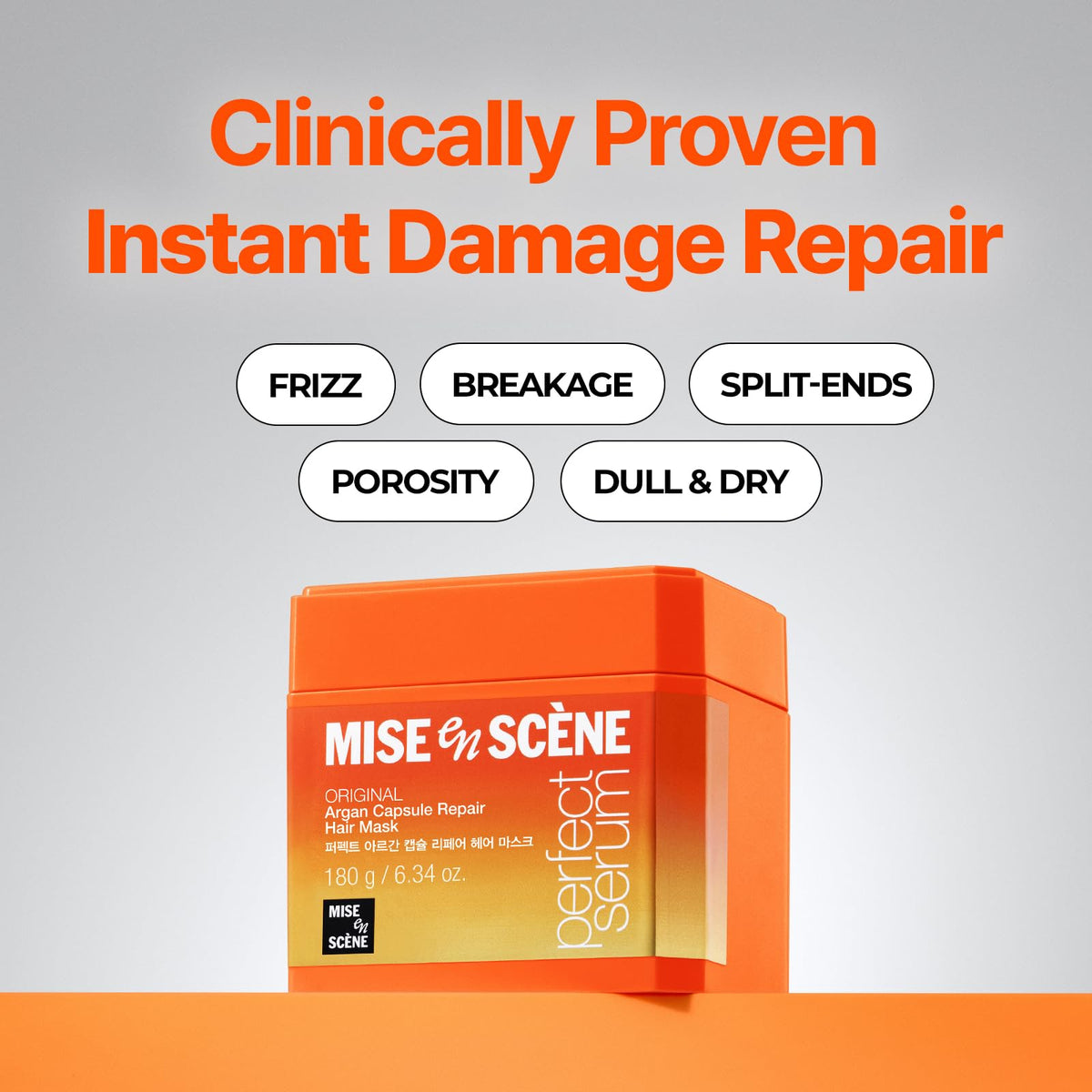 Mise En Scene jar in hand illustrating 6.34 fl oz size and easy control