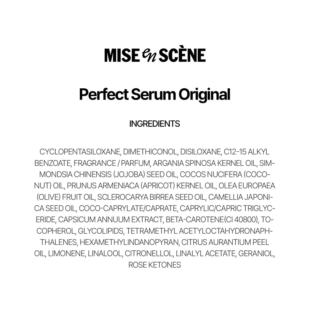 Mise En Scene label ingredient list close-up showing natural oils benefit