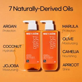 Mise En Scene oil ingredient collection displaying argan and jojoba benefits for deep nourishment
