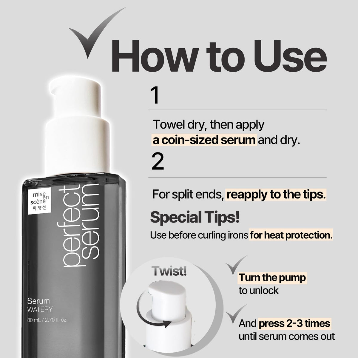 Mise En Scene texture drops illustrating watery serum for fast absorption